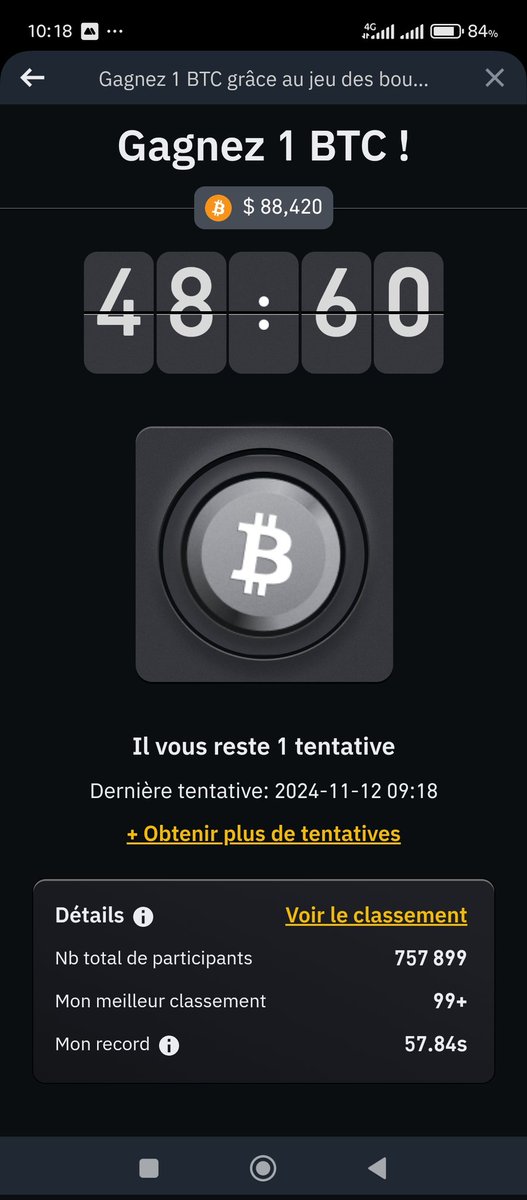 Voici une vraie capture d'écran de mon temps record du jeu concours Bitcoin Button de BINANCE. Hors le service d'aide en ligne met ma parole en doute et me disent que c'est impossible de faire pareil temps.
#Binance #BitcoinButton #BTC