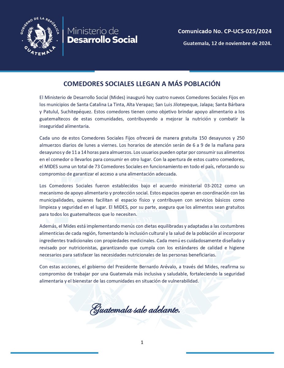 Midesgt's tweet photo. #ComunicadoMides | El @midesgt refuerza la seguridad alimentaria y promueve el bienestar de las comunidades vulnerables con la apertura de cuatro nuevos #ComedoresSociales. https://t.co/bw1aRFj64W