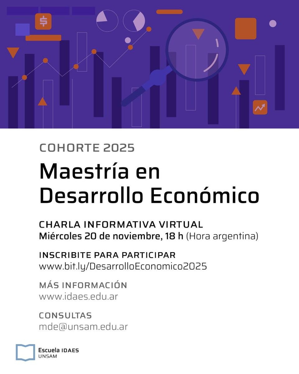 MDE_CEED_DEP's tweet photo. Ya está formalmente abierta la inscripción a la cohorte 2025 de la Maestría en Desarrollo Económico de @idaesoficial. La charla informativa (virtual) será el miércoles 20 a las 18hs (hora de Buenos Aires). 
Acá, el link para la inscripción a la charla: https://t.co/9fP1pitiwk https://t.co/eI4jI8cnsS