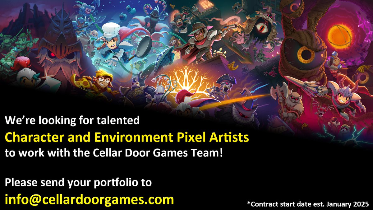 CellarDoorGames's tweet photo. We’re looking for experienced Character and Environment Pixel Artists to help bring our next game to life!

Interested? Send your portfolio to 
info@cellardoorgames.com https://t.co/cacdt3CwJF