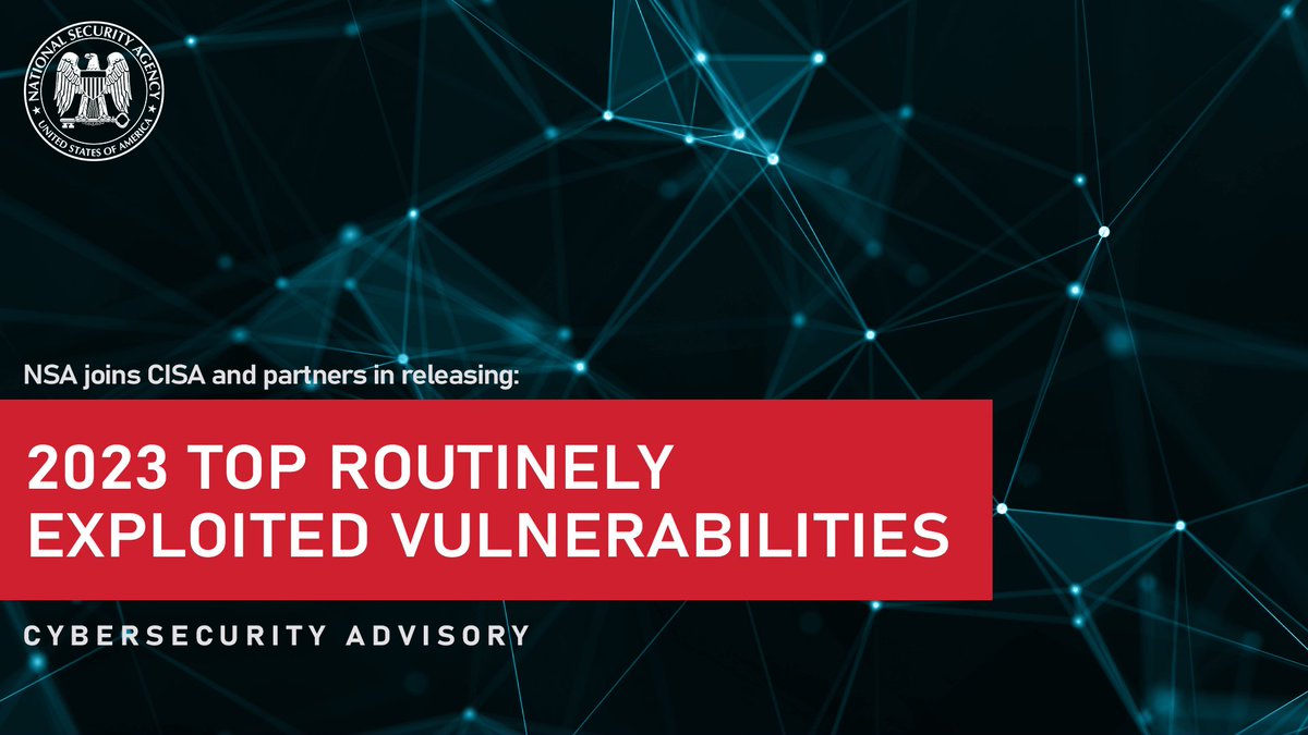 Check out our joint list of the top 15 routinely exploited vulnerabilities in 2023. More zero day exploitation than past years. Our latest advisory lists important mitigation procedures for vendors, developers, and end-user organizations. nsa.gov/Press-Room/Pre…