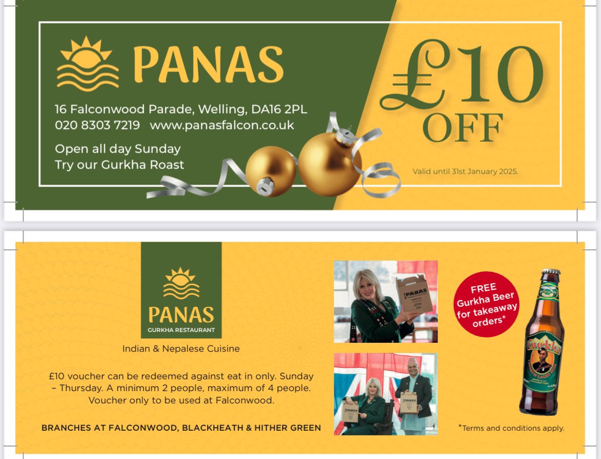 🚨 ATTENTION FALCONWOOD 🚨 

We’ve got an early Christmas present for you! £10 off a meal at our new restaurant in Falconwood, available for use Sunday - Thursday! We can’t wait to see you there!

Book a table or pop in today!

#panasgurkha 

#falconwood #welling #bexley