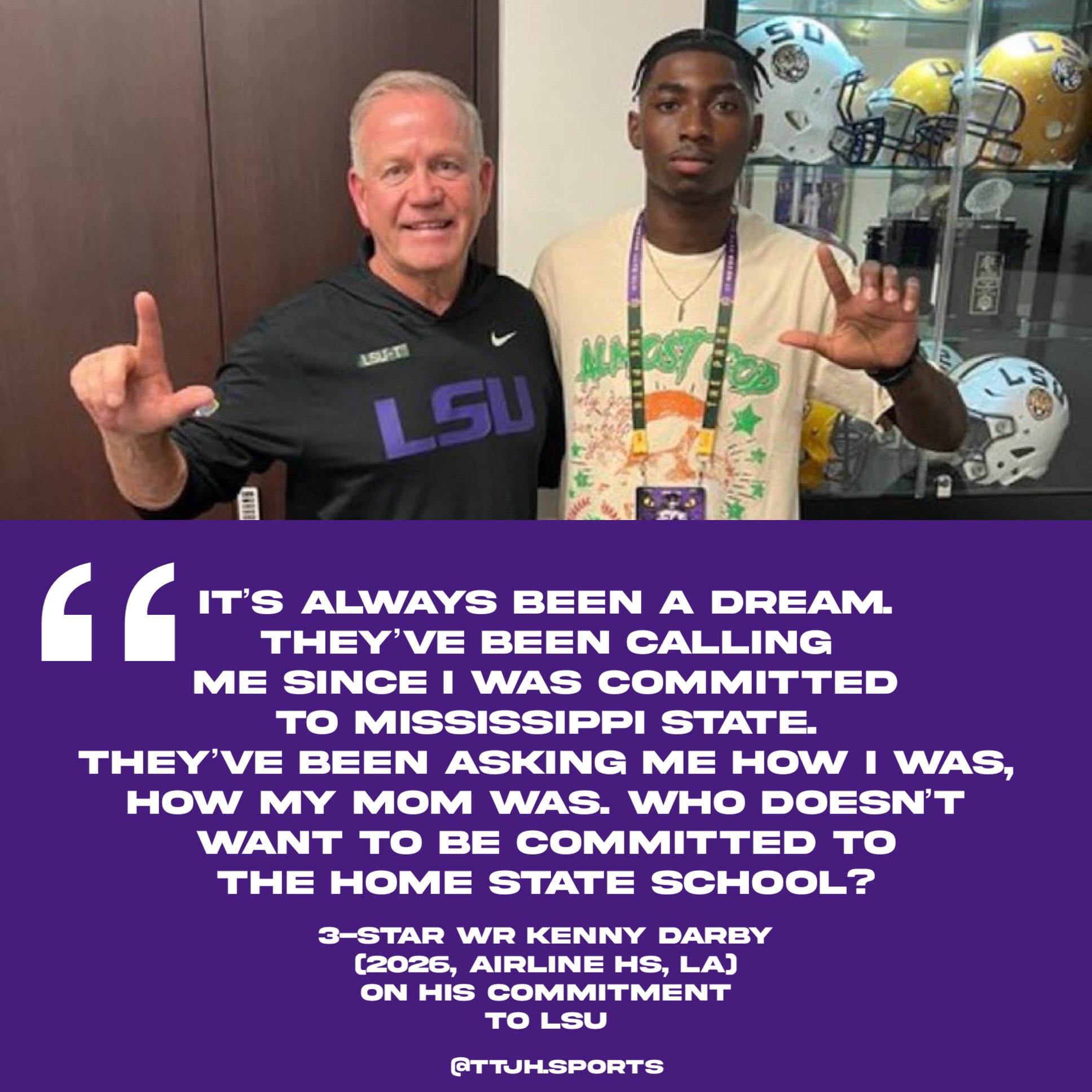 TTJH Sports on X: "BREAKING: 2026 3-star WR Kenny Darby has committed to #LSU. Darby plays at Airline High School in Shreveport, Louisiana. He was formerly committed to Mississippi State. @kennydarby3_ Here's