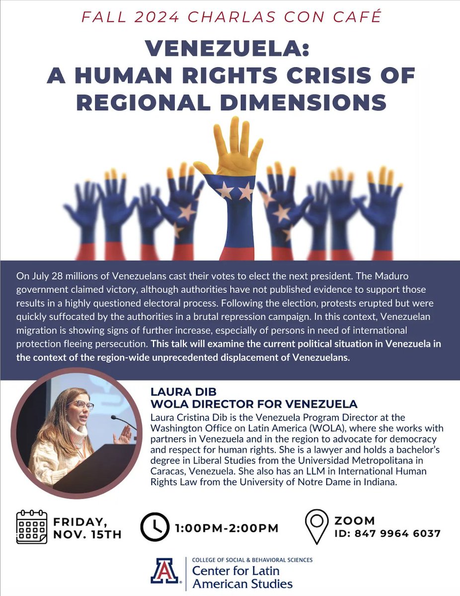 🇻🇪 Join WOLA's Director for Venzuela <a href="/lauradib/">Laura Dib</a> for a webinar with <a href="/UAZ_CLAS/">UAZ_CLAS</a> about the political situation in #Venezuela and the regional impacts of Venezuelan displacement following the July 28 elections.
Register now! arizona.zoom.us/meeting/regist…