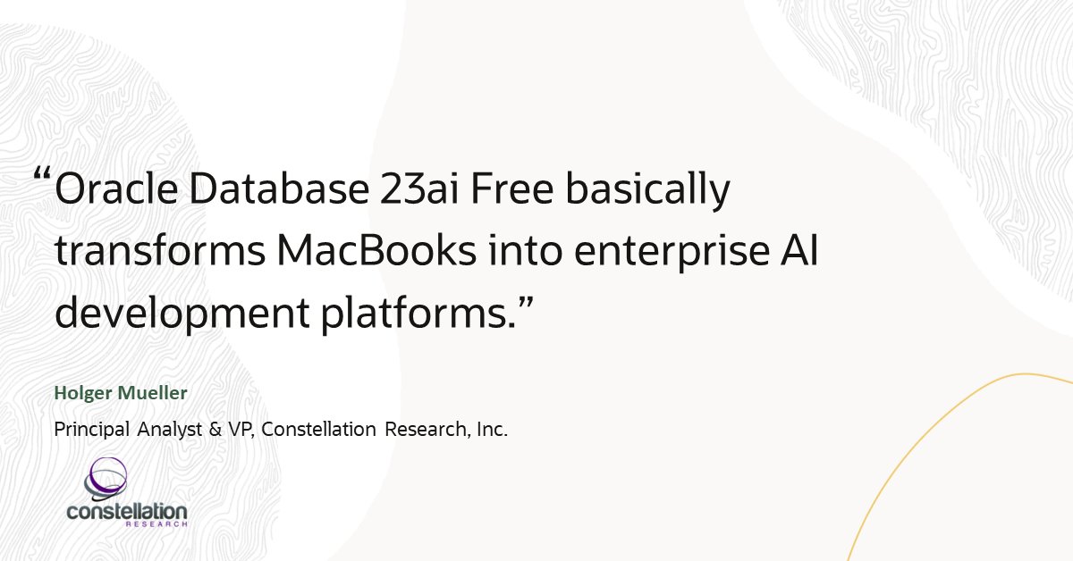 Now available – Oracle Database 23ai Free for Apple MacBook users. Develop mission-critical AI apps and more. Learn more at social.ora.cl/6012S0C1A <a href="/holgermu/">Holger Müller #EnterpriseAcceleration</a>