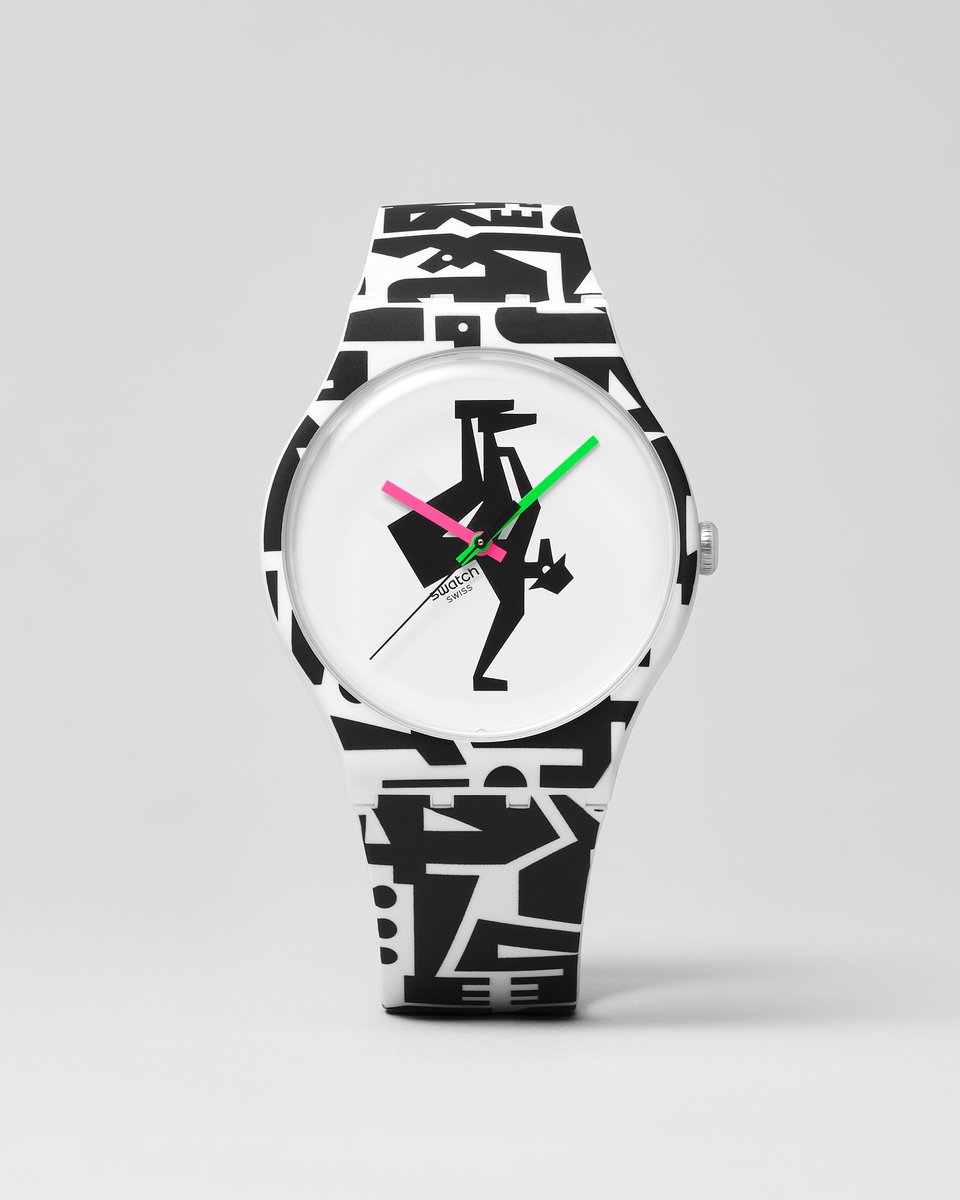 A tribute to ‘84! Grotesk’s design captures the essence of breakdance in black &amp; white, with colorful hands inspired by Keith Haring’s original artwork. 
#SwatchBREAKFREE swat.ch/3NZgfM6