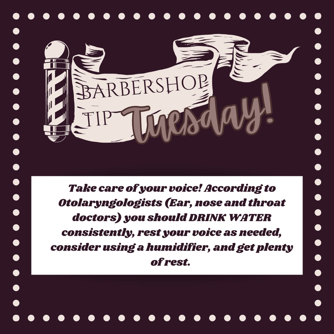 singgrc's tweet image. Barbershop Tip Tuesday:
Take care of your voice! According to Otolaryngologists (Ear, nose and throat doctors) you should DRINK WATER consistently, rest your voice as needed, consider using a humidifier, and get plenty of rest. 
#grcrocks #greaterrichmondchorus #barbershopharmony