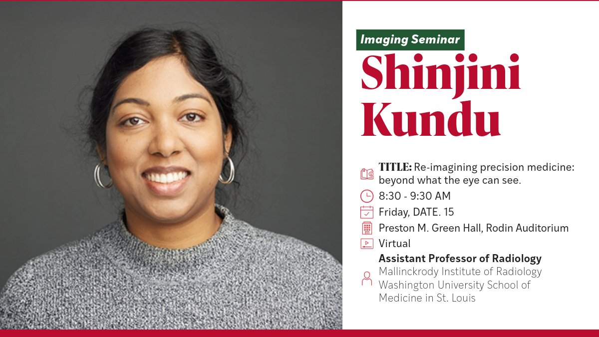 #WashUESE &amp; #WashUImagingScience are excited to host Shinjini Kundu (<a href="/ShinjiniKundu/">Shinjini Kundu, MD, PhD</a>), Assistant Professor in <a href="/MIRimaging/">WashUMedMIR</a>. She will be speaking on "Re-imagining precision medicine: beyond what the eye can see".

Learn more: happenings.wustl.edu/event/imaging-…

#WashUEngineers