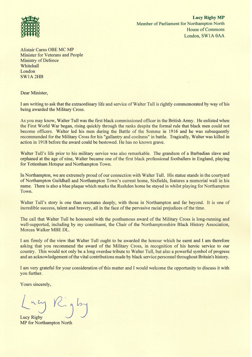 .@NTFC's Walter Tull was the 1st black commissioned officer in the British Army. He was recommended for the Military Cross but killed in action &amp; the MC was never awarded.

Today I've written to Veterans Minister <a href="/AlistairCarns/">Al Carns</a> MP to ask that Walter Tull is awarded the MC👇