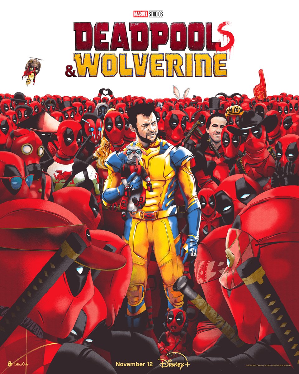 PosterPosse's tweet photo. The wait is OVER! Starting today, you can stream @marvelstudios global smash hit, "Deadpool and Wolverine," exclusively on @disneyplus. We collaborated with Marvel to celebrate this glorious event with new art by Poster Posse artists @ADStothard @17thandOak &amp; @AJFrena https://t.co/q5AnbYUrZ8