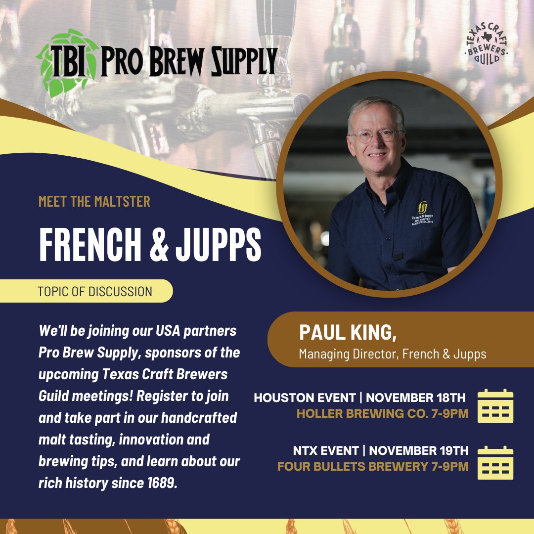 Join us in #Texas for the <a href="/TXCraftBrewers/">Texas Craft Brewers Guild</a>
meetings with @Frenchandjupps ! Meet their MD who'll be demonstrating our handcrafted #malts for tasting, discussing innovation and #brewing + sharing our history since 1689. At <a href="/HollerBeer/">Holler Brewing Co.</a> + @fourbulletsbrew

let us know if you can make
