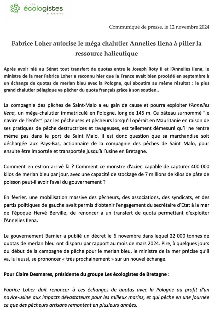 Les Ăcologistes de Bretagne (@ecolosbretagne) on Twitter photo Comment un mĂ©ga-chalutier capable de capturer 400 tonnes/jour de merlan bleu, avec une capacitĂ© de stockage de 7 millions de kgs de pĂąte de poisson peut-il avoir lâaval du gouvernement ?! GrĂące Ă un transfert de quotas de merlan bleu avec la Pologne, validĂ© par <a href="/FabriceLoher/">Fabrice Loher</a> đ Comment un mĂ©ga-chalutier capable de capturer 400 tonnes/jour de merlan bleu, avec une capacitĂ© de stockage de 7 millions de kgs de pĂąte de poisson peut-il avoir lâaval du gouvernement ?! GrĂące Ă un transfert de quotas de merlan bleu avec la Pologne, validĂ© par <a href="/FabriceLoher/">Fabrice Loher</a> đ