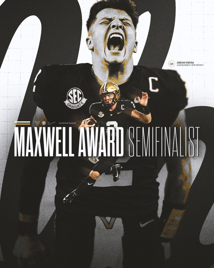 RutmanAiden's tweet photo. Diego Pavia has been named a semi-finalist for the Maxwell Award, given each year to the college football player of the year. 

Pavia is on an exclusive list of just 16 players, including Ashton Jeanty, Cam Ward and Quinn Ewers. https://t.co/UE9xFJj8fe