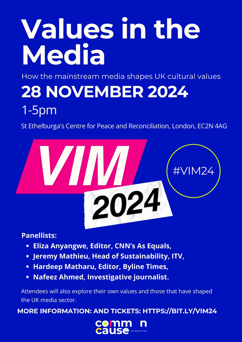 Common Cause Foundation @commoncause.bsky.social (@commoncausefdn) on Twitter photo Join us on 11/28 to explore how the media shapes UK cultural values. Hear from <a href="/ElizaTalks/">Eliza Anyangwe (elizatalks.bsky.social)</a>, <a href="/JeremyMathieu/">Jeremy Mathieu</a> , <a href="/Hardeep_Matharu/">Hardeep Matharu</a> and <a href="/NafeezAhmed/">Dr Nafeez Ahmed FRSA</a>.
Free event 1-5pm at St Ethelburga's, London. Register now: tickettailor.com/events/commonc…
#VIM24 #newsmedia #culture Join us on 11/28 to explore how the media shapes UK cultural values. Hear from <a href="/ElizaTalks/">Eliza Anyangwe (elizatalks.bsky.social)</a>, <a href="/JeremyMathieu/">Jeremy Mathieu</a> , <a href="/Hardeep_Matharu/">Hardeep Matharu</a> and <a href="/NafeezAhmed/">Dr Nafeez Ahmed FRSA</a>.
Free event 1-5pm at St Ethelburga's, London. Register now: tickettailor.com/events/commonc…
#VIM24 #newsmedia #culture