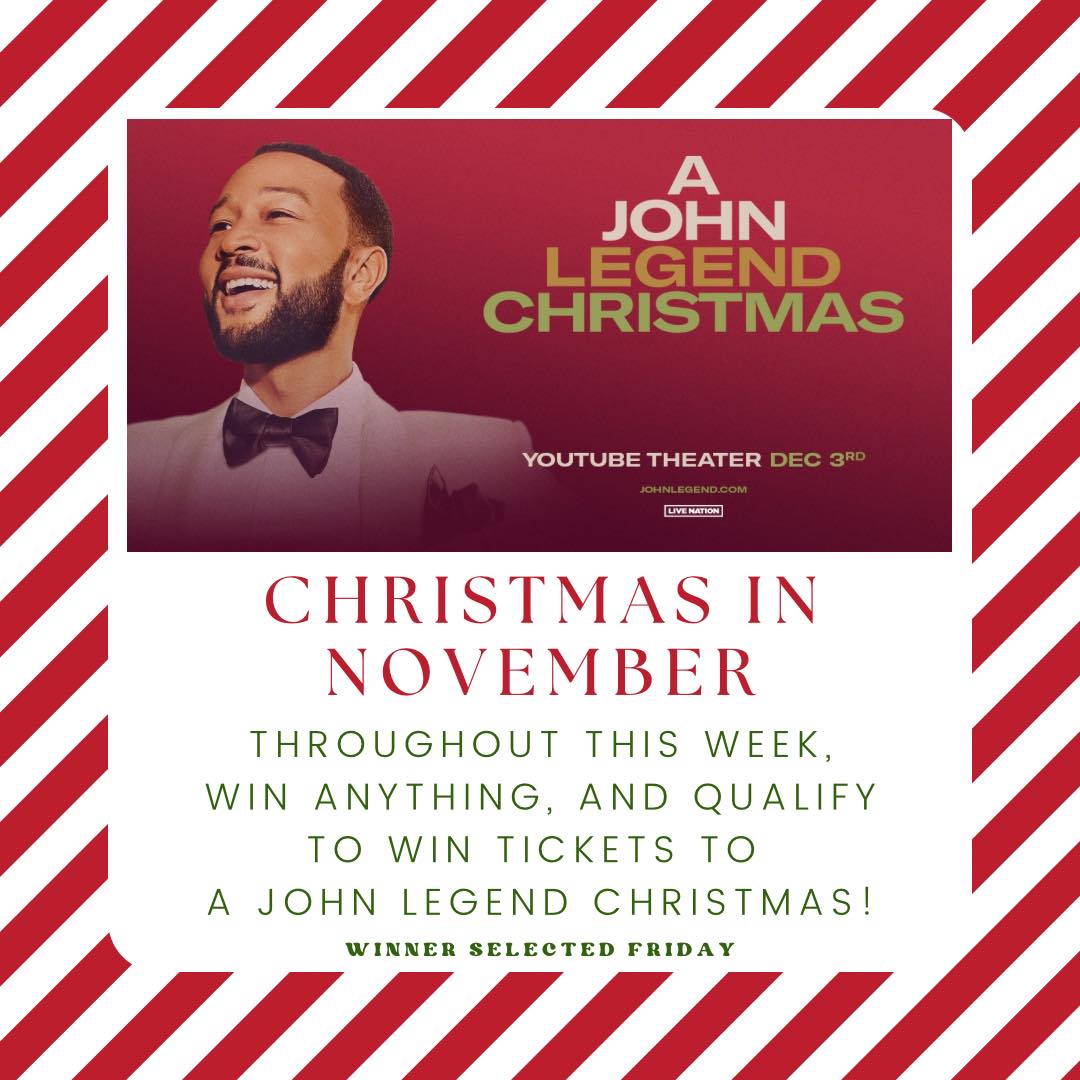 Throughout November, we have your chance to win a pair of tickets to A John Legend Christmas! 📷📷 How to win? Qualify each week by winning ANYTHING, and be automatically entered in to win. A winner will be selected each Friday!