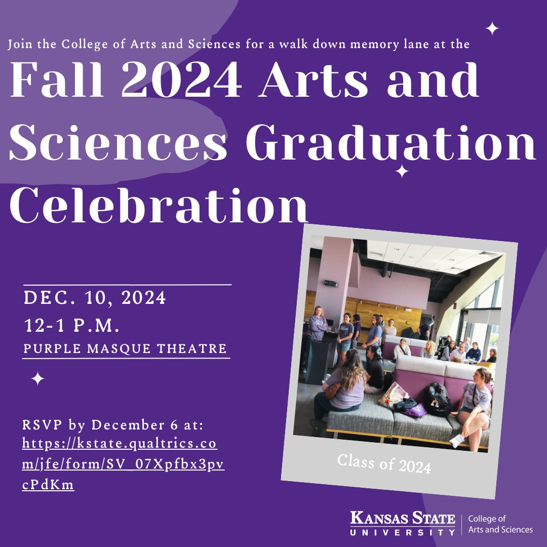 Hey fall grads! Take a break from finals and a walk down memory lane at the Fall 2024 ArtSci Graduation Celebration!
There will be waffles for all students who RSVP! We’re
excited to celebrate your great accomplishment!
RSVP here by December 6: kstate.qualtrics.com/jfe/form/SV_07…
