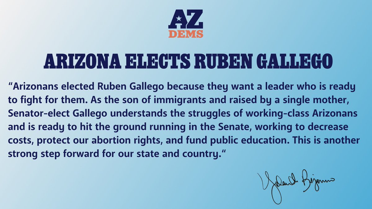 Arizonans elected Ruben Gallego because they want a leader who is ready to fight for them. 

Read our full statement here: azdem.org/arizona-elects…