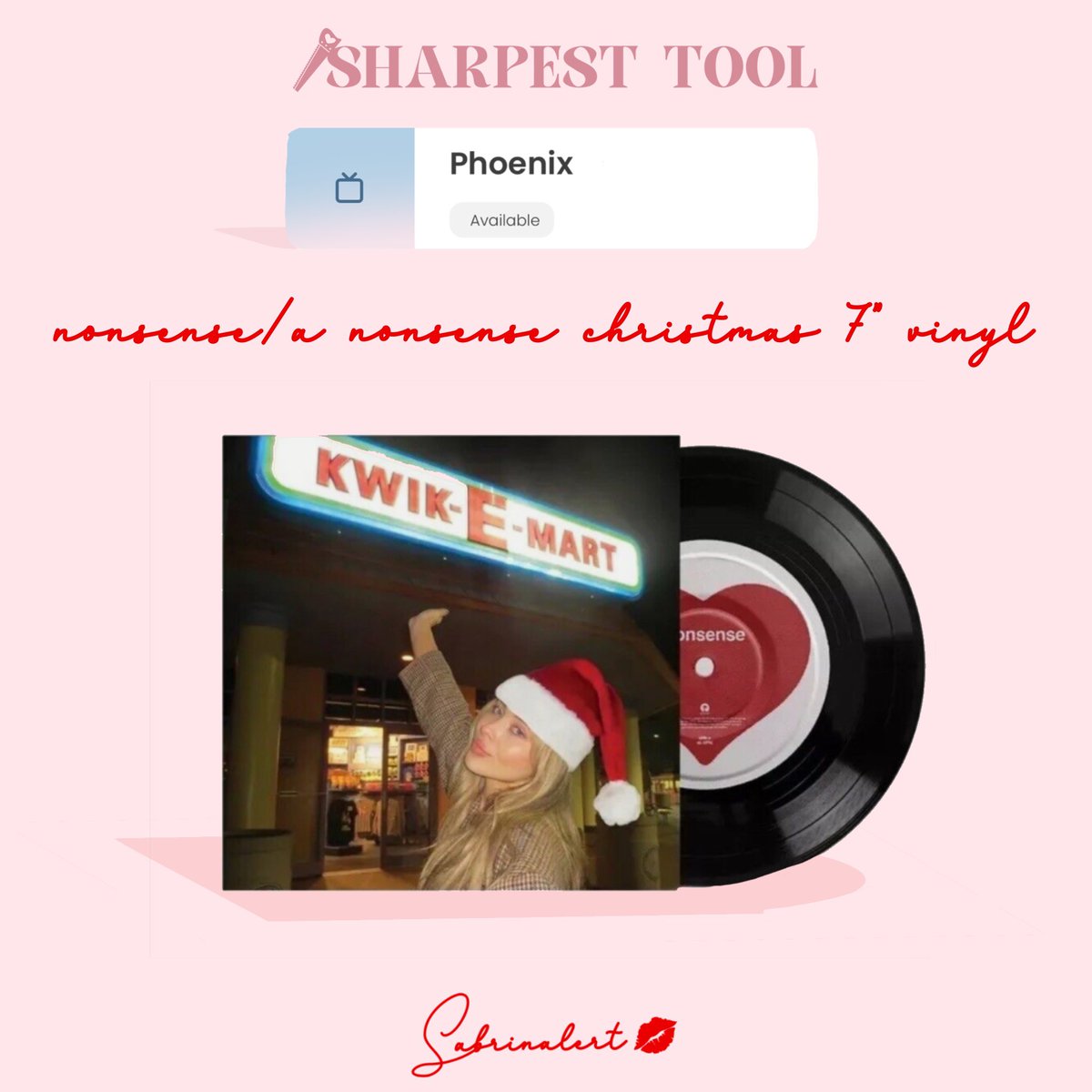 sabrinalert's tweet image. phoenix! it’s your time for Sabrina &amp;amp; time for some #SharpestTool 

our winner will take home a nonsense / a nonsense christmas 7” vinyl. note this prize will ship in december after 🎅 delivers to us ❣️🎄

entries are open until 8:30pm MST on the 13th. good luck!