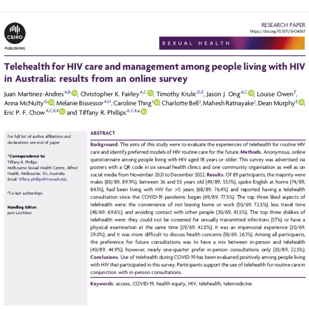 🤔Some SSHC staff have worked with research partners to publish a paper exploring telehealth for HIV care and management.

While it was evaluated positively, the paper discusses the pros and cons of this approach.

 <a href="/MSHCResearch/">MSHC Research</a> <a href="/MonashUni/">Monash University</a> #telehealth