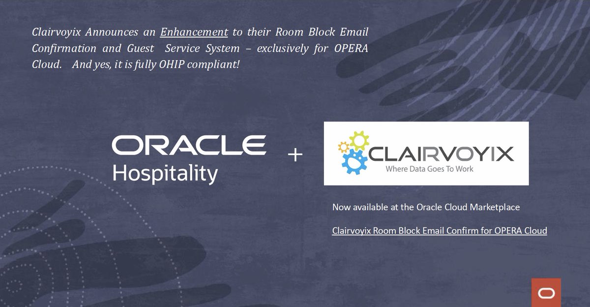 Clairvoyix, a leading provider of hospitality sales and marketing automation solutions, and a member of the Oracle PartnerNetwork(OPN), today announces an enhancement to their Group Block Email Reservation Confirmation System for OPERA Cloud. Read more: cloudmarketplace.oracle.com/marketplace/en…