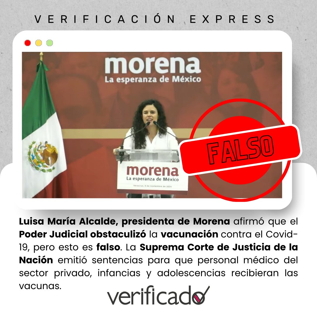🔎En redes sociales se difundió un video en el que Luisa María Alcalde, dirigente de MORENA asegura que el Poder Judicial obstaculizó la campaña de vacunación del Covid-19, esto es #FALSO ❌ pues sentencias emitidas por la SCJN lo comprueban
