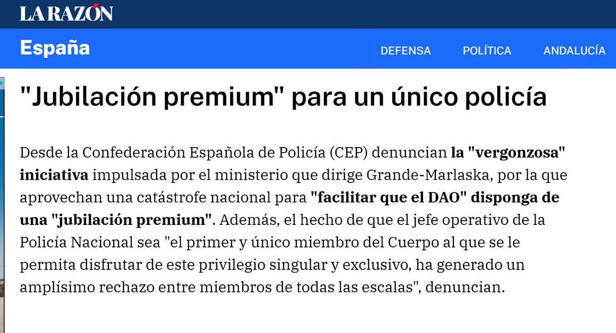 cep_cepolicia's tweet photo. 🗞️ 1.336 compañeros se jubilan este año al cumplir la edad de 65. Ellos no tendrán el privilegio con el que Interior ha premiado al DAO, aprovechando el drama de la #DANA. Algunos 🤐. Nosotros, lo denunciamos.

👨🏻‍💻 Lo cuenta @maribecasado en @larazon_es: https://t.co/6QhqjBF7LR https://t.co/0NYButFc7a