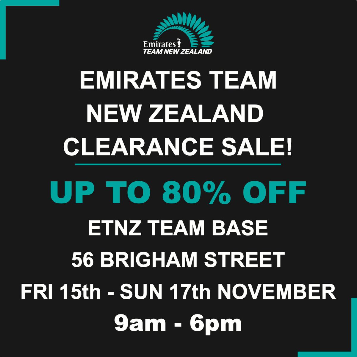 🚨 MERCH ALERT 🚨: Come down to the Emirates Team New Zealand base this weekend to get your America's Cup-winning #ETNZ kit. 🇳🇿

🗓️ 9am- 6pm Friday 15th- Sunday 17th November
🎯 56 Brigham Street, Wynyard Point, Auckland