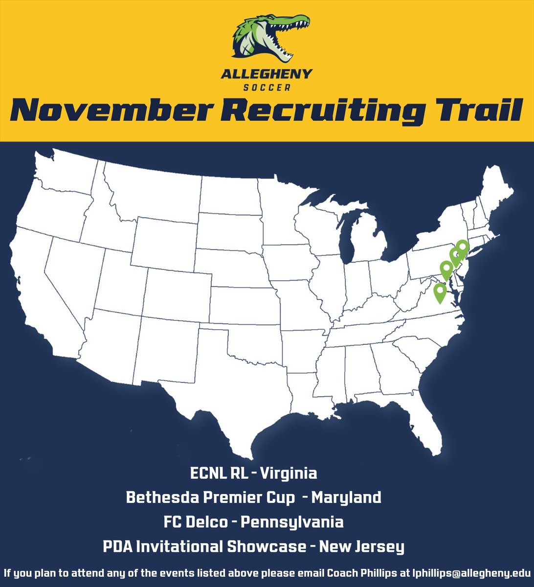 AlleghenyWSoc's tweet photo. It’s that time of the year! Coach Phillips and Coach Cardoso-Bastos are back on the road in search of future Gators. If you plan on attending any of the events listed below please email us! #gogators🐊 #swampcertified https://t.co/OpCapuEx4z