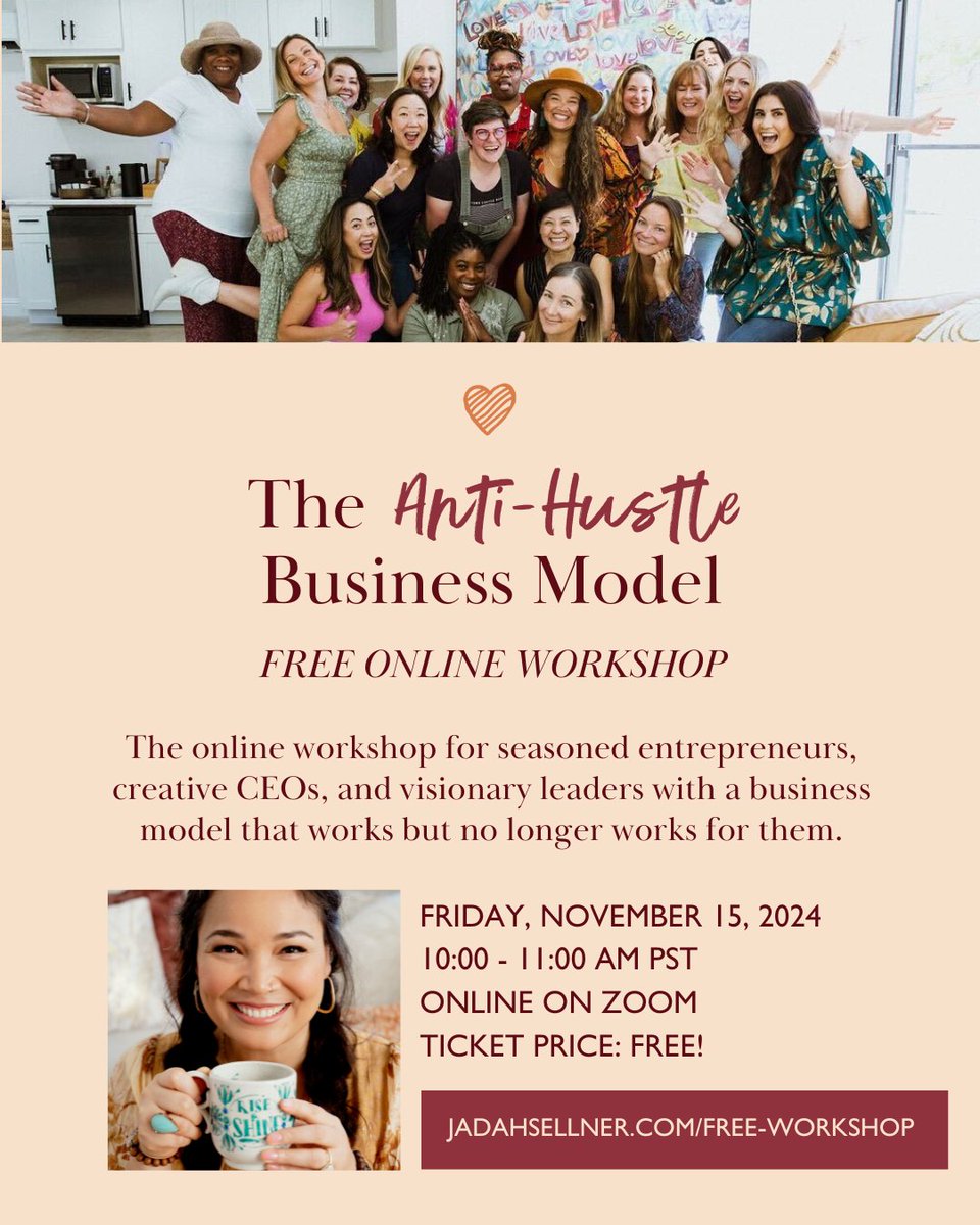 Just wrapped a 3-day retreat with She Builds Collective! We connected, refined visions, enjoyed nature, &amp; focused on building differently. Want in? Join my free workshop on the Anti-Hustle Business Model! 

📅 Nov 15, 2024 | ⏰ 10-11 am PST | 📍Zoom

RSVP: jadahsellner.com/free-workshop