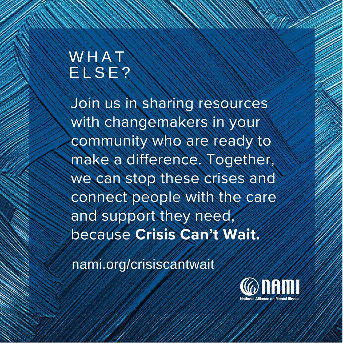 Remember, a mental health crisis can’t wait, and neither can we. Join us in the #CrisisCantWait campaign to ensure equitable access to mental health resources for members of the Black/African Ancestry community. Together, we can make sure help is always available. 

Learn more: