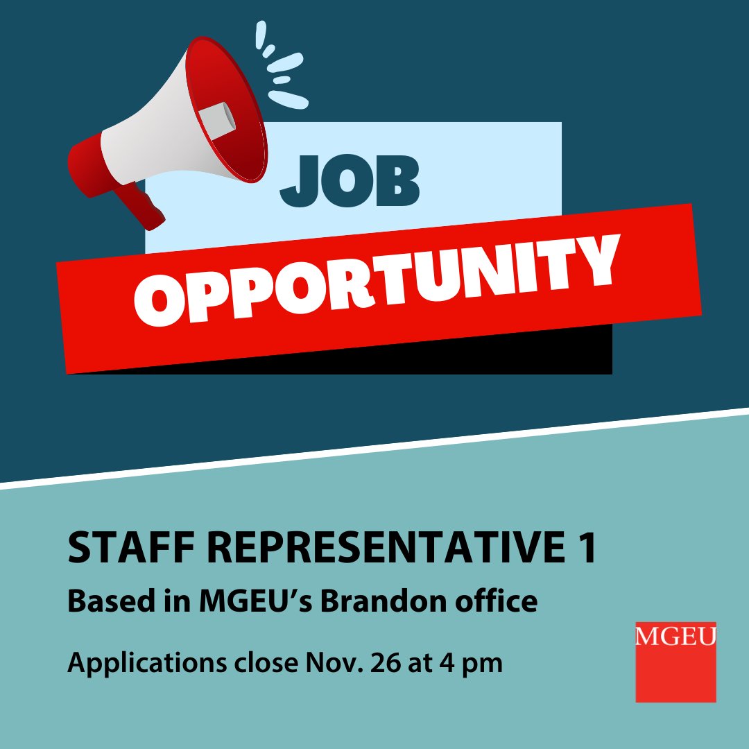 We're hiring a Staff Representative 1 based out of our Brandon, MB office. 

View job posting: mgeu.ca/about/join-us/…

Applications close Nov. 26 at 4 pm.