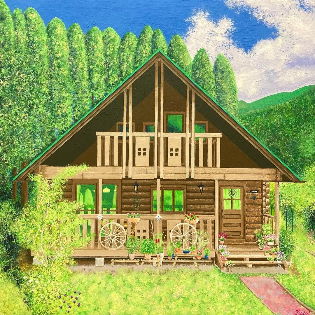 #きたむら界 の皆様Good morning😄

【神戸】こちらの絵画、ご実家を描いたそうです　ログハウスが実家とはシルバニアファミリーみたいで素敵🐰

🎨作者は画家の北村忠司さん　普段は神戸市灘区でパスタ専門店『ムンカフェ』のオーナーシェフをされています🍝

今日もファイティン🫶