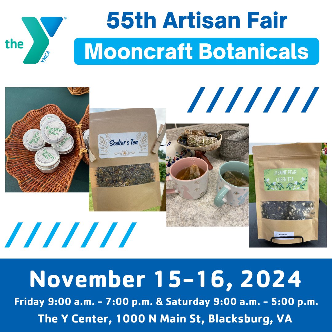 vtymca's tweet image. Meet Your Vendors!
Mooncraft Botanicals from Christiansburg, VA, is joining the YMCA&apos;s 55th Artisan Fair! Discover holistic, all-natural products like micro-batch soaps, body butters, balms, and herbal teas—perfect for self-care!

🗓️ Nov 15-16
📍 YMCA Thrift
#YMCAArtisanFair