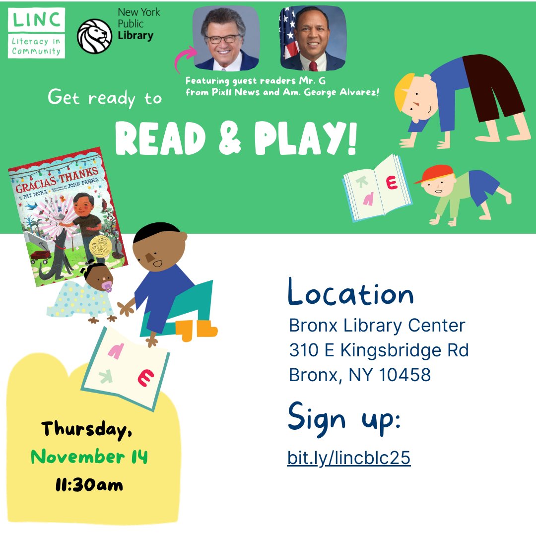 linc_nyc's tweet photo. ⏰Just 2 days left, Fordham families! Join us for “Read &amp; Play” this Thursday, Nov 14, at 11:30 am at @nypl's @BronxBlc. Special guests @mrgweather &amp; Assembly Member @GALVAREZNYC will be reading "Gracias • Thank"s by Pat Mora. 🌈📚 Register here: https://t.co/4sMvYFvm4h https://t.co/Z5GnseA6Dh
