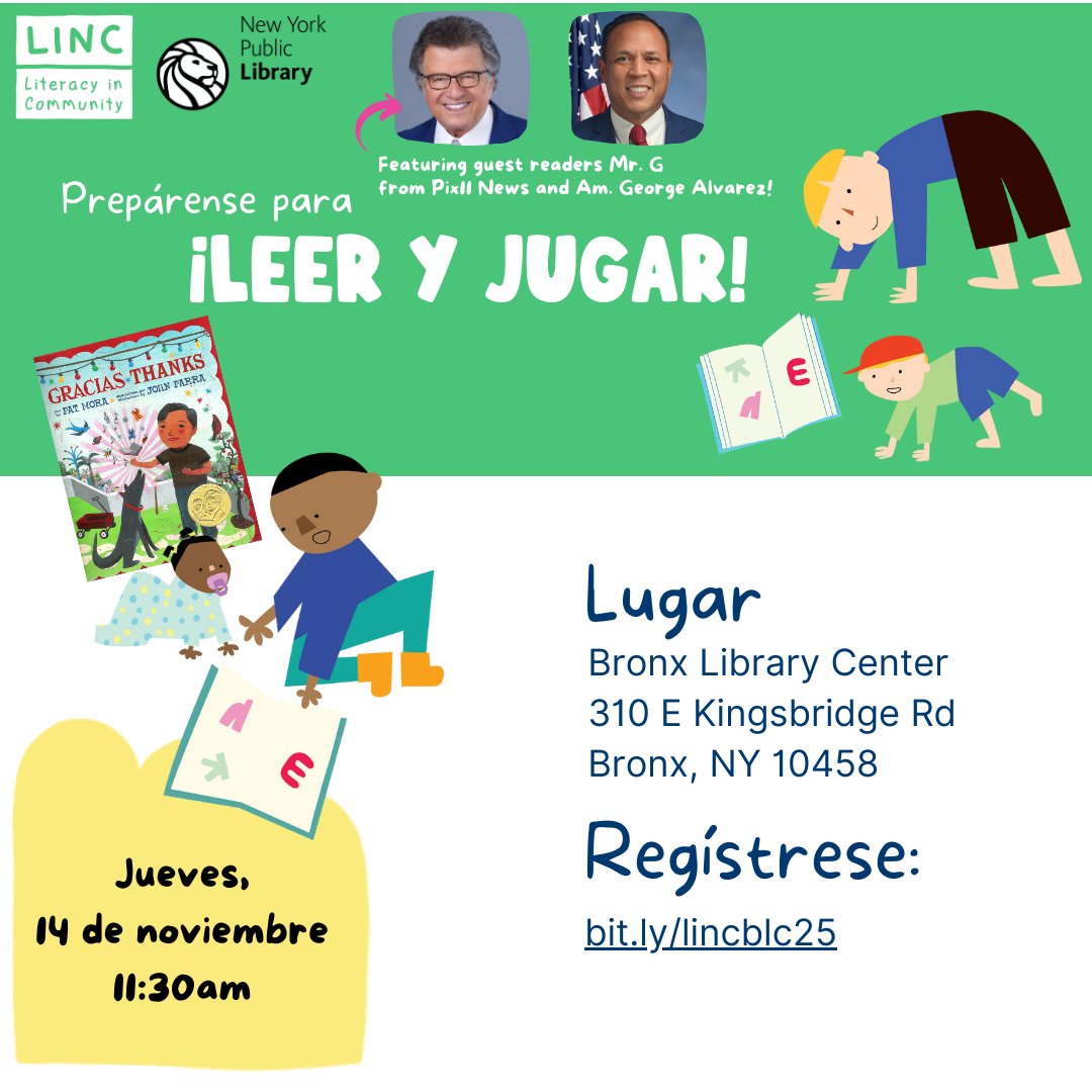 Literacy In Community (@linc_nyc) on Twitter photo ⏰Just 2 days left, Fordham families! Join us for “Read & Play” this Thursday, Nov 14, at 11:30 am at <a href="/nypl/">NY Public Library</a>'s <a href="/BronxBlc/">Bronx Library Center</a>. Special guests <a href="/mrgweather/">Mr. G</a> & Assembly Member <a href="/GALVAREZNYC/">George Alvarez</a> will be reading "Gracias • Thank"s by Pat Mora. 🌈📚 Register here: bit.ly/lincblc25 ⏰Just 2 days left, Fordham families! Join us for “Read & Play” this Thursday, Nov 14, at 11:30 am at <a href="/nypl/">NY Public Library</a>'s <a href="/BronxBlc/">Bronx Library Center</a>. Special guests <a href="/mrgweather/">Mr. G</a> & Assembly Member <a href="/GALVAREZNYC/">George Alvarez</a> will be reading "Gracias • Thank"s by Pat Mora. 🌈📚 Register here: bit.ly/lincblc25