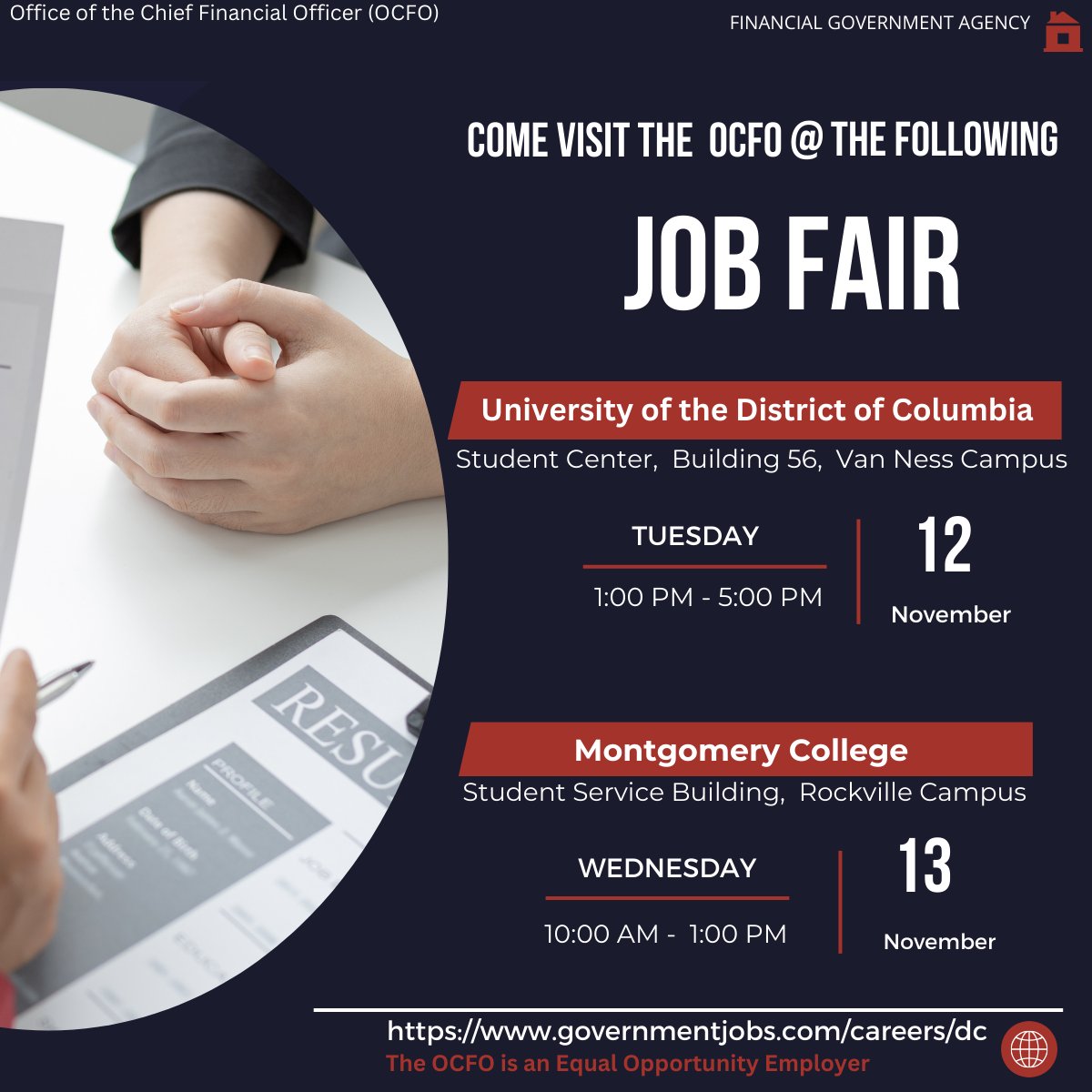 OCFO_HR_DC's tweet photo. 🌟 Join Us at the Upcoming Career Fair! 🌟
We’re excited to announce that The Office of the Chief Financial Officer (OCFO) will be participating in the University of the District of Columbia (UDC) and Montgomery College career fairs. https://t.co/f5FGNk0yPl