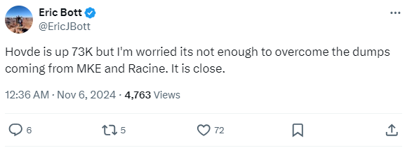 AJBayatpour's tweet photo. Hovde says in this video, "At 1 am...based on the models, it appeared I would win the Senate race"

That's demonstrably false. Here are two 
Wisconsin conservatives posting that night the central count cities' results would likely tip the race for Baldwin: https://t.co/Ezx1fwA8A6