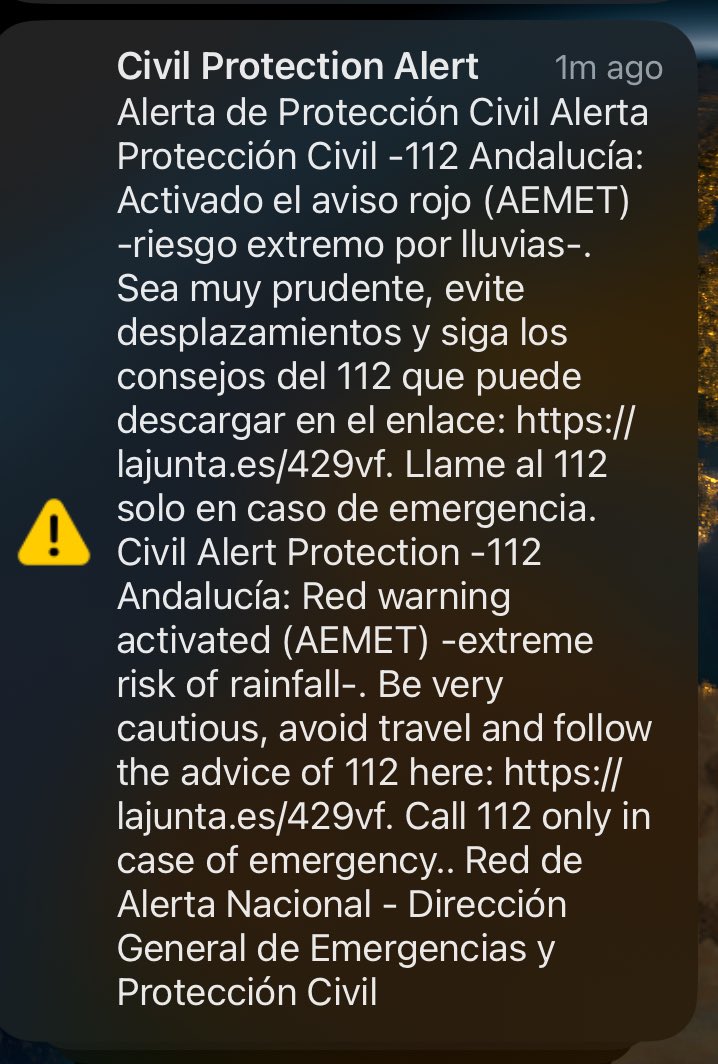BoatBirder's tweet photo. A great time to visit!! Brace yourselves Andalusia, just got this on my phone as I’m sure 1000s of others have just had! Quite a shock when the phone suddenly erupted 😱 https://t.co/sznwJl1t2O