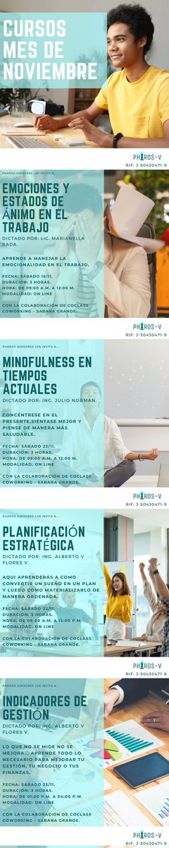*Cursos de Noviembre*
- Emociones y Estados de Ánimo en el Trabajo
- Mindfullness en Tiempos Actuales
- Planificación Estratégica
- Indicadores de Gestión

linktr.ee/pharosv