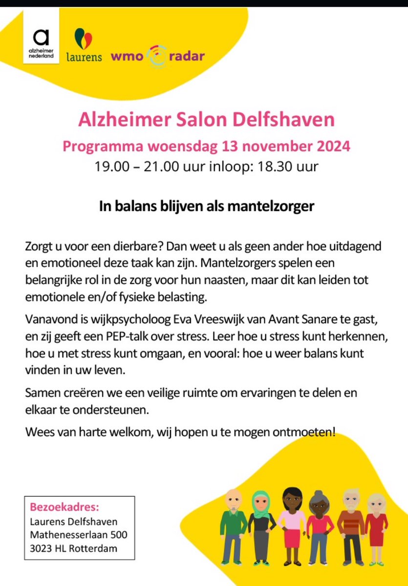Woensdagavond is er weer een bijeenkomst Alzheimer Salon Delfshaven. Dit keer staat de mantelzorger centraal en gaat wijkpsycholoog Eva Vreeswijk het hebben over het thema 'In balans blijven als mantelzorger'. Ken je mantelzorgers die overbelast zijn?Iedereen is van harte welkom.