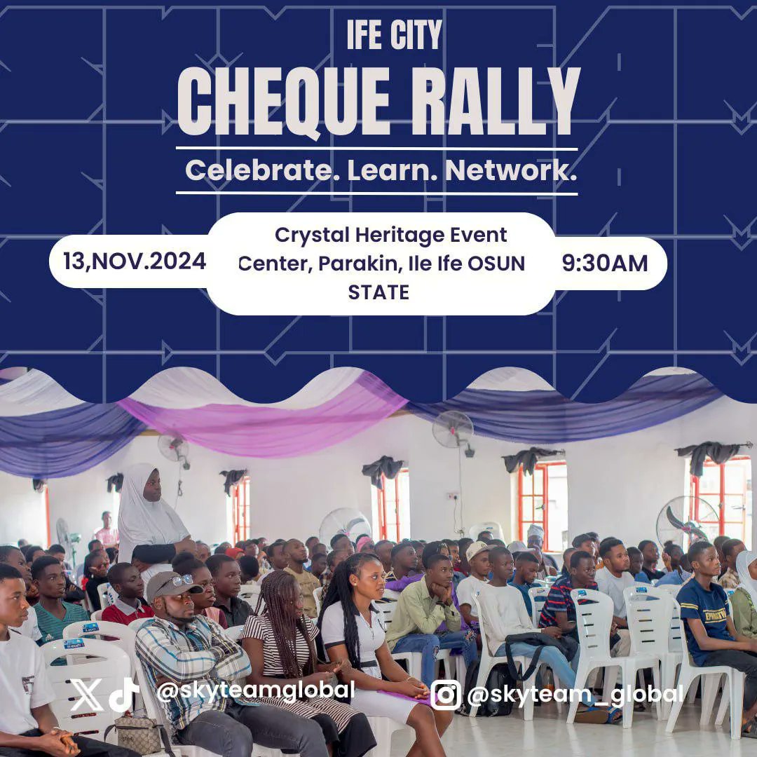 skyteamglobal's tweet photo. FHG TEAM IFE CHEQUE RALLY

We will be celebrating ACHIEVERS who scaled up their businesses and recognizing our consistent leaders. 

🕤 Time: 09:30 AM 🕤

©️ FHG IFE TEAM https://t.co/YrYIQLJub6