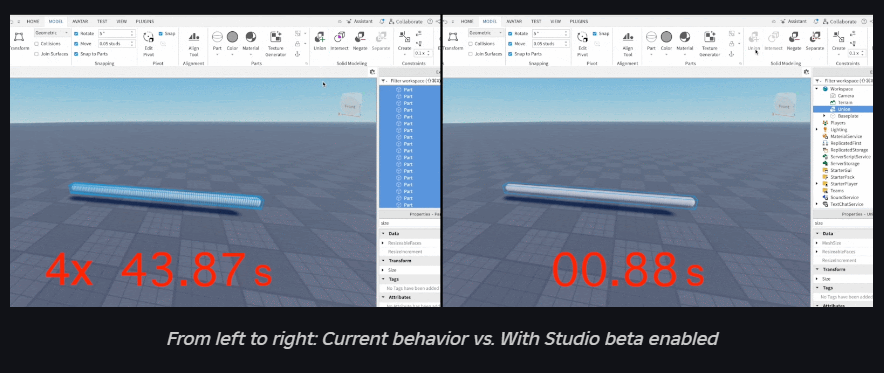 Bloxy_News's tweet photo. New improvements are now available for Solid Modeling (CSG) in Studio. These improvements include better performance, robustness upgrades, and more optimized meshes.

Learn more: https://t.co/AzVjHmLScg
#Roblox #RobloxDev
