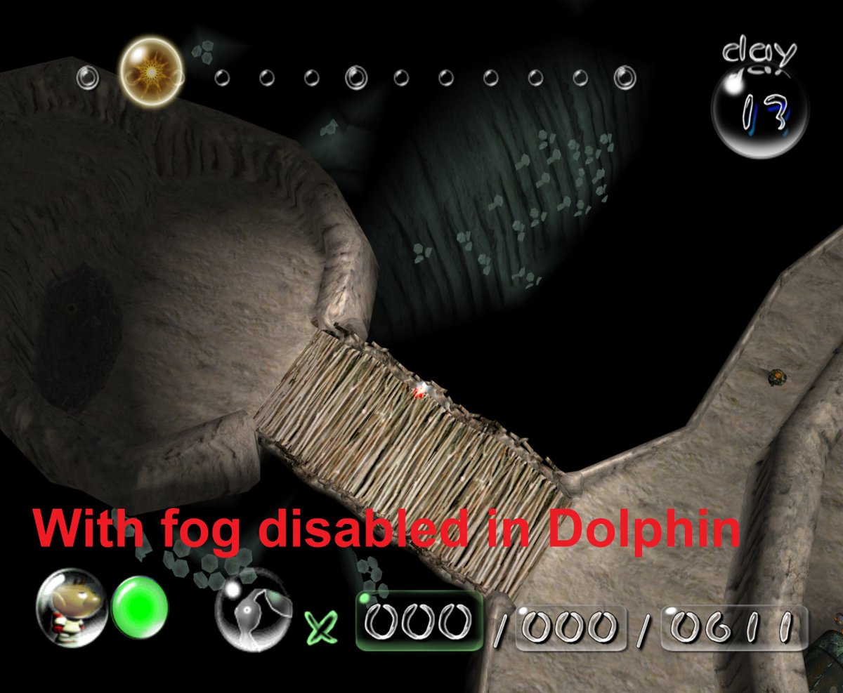 PikHacker's tweet image. In the original Pikmin, this lower part of Forest Navel looks to be almost completely in the void, but there&apos;s actually meant to be lots of mushrooms on distant walls. With how the fog works out, they end up being completely hidden, but in 1^2 they&apos;re visible and it looks great