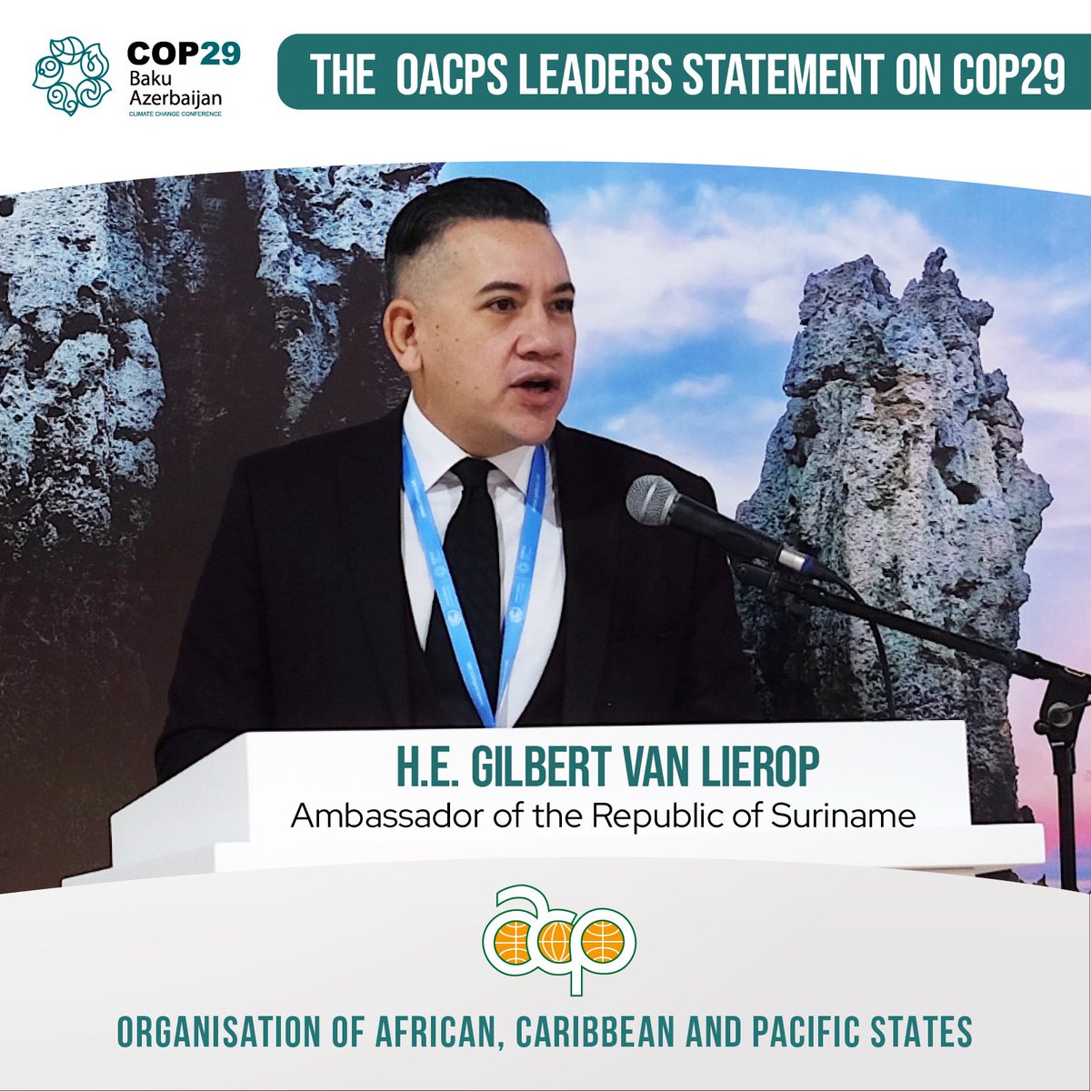 The OACPS stands as a powerful advocate for climate equity and justice.” – H.E. Ambassador Gilbert van Lierop at #COP29, calling for urgent climate action and justice for our people and planet. #OACPS #ClimateJustice #ClimateAction