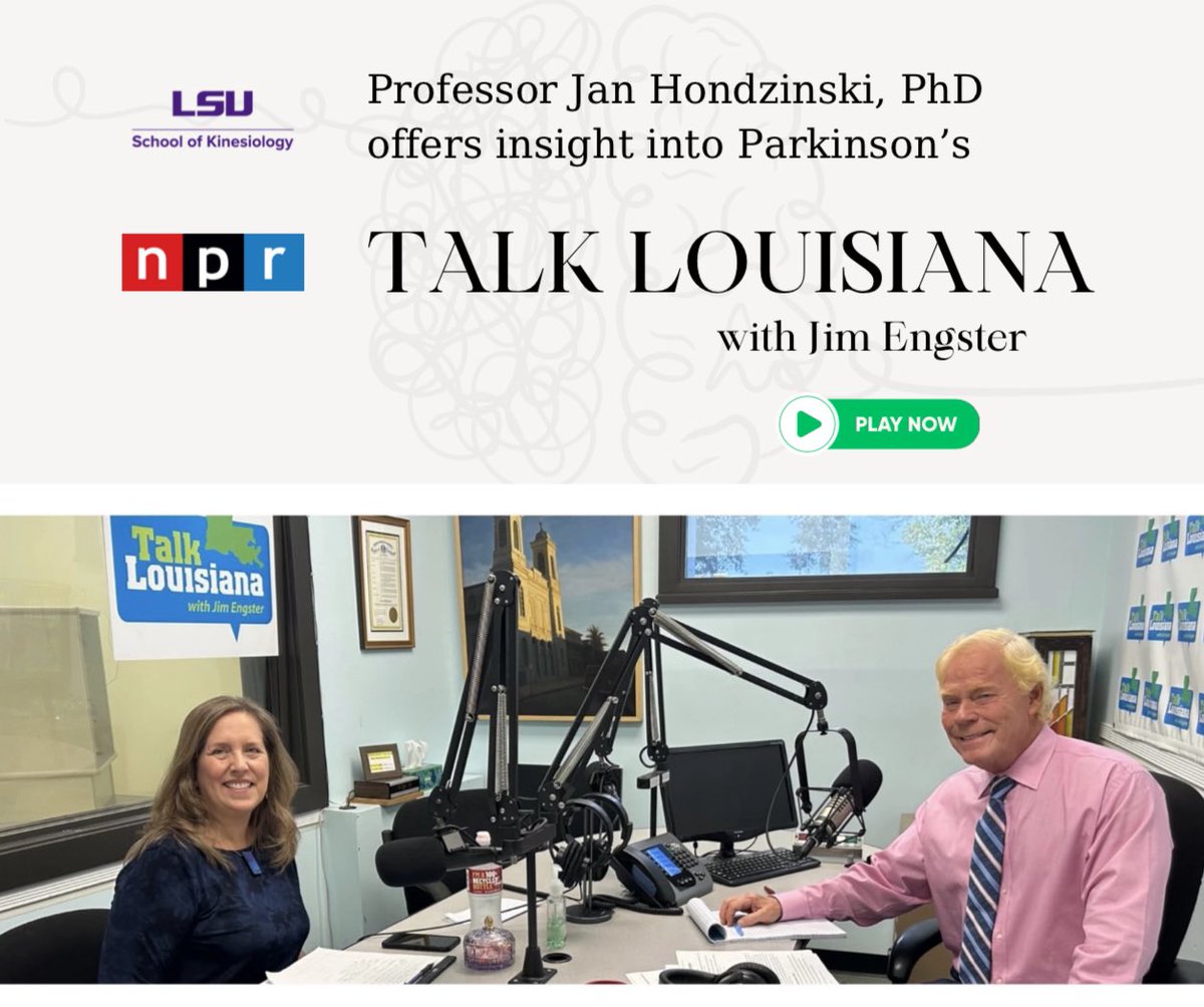 📢 ICYMI 

Professor Jan Hondzinski, PhD, recently joined Jim Engster on NPR’s Talk Louisiana to discuss the impact of Parkinson’s Disease and the study of motor control and sensorimotor integration. 🧠💪

Listen now ▶️ 
wrkf.org/show/talk-loui…

#ParkinsonsAwareness #MotorControl