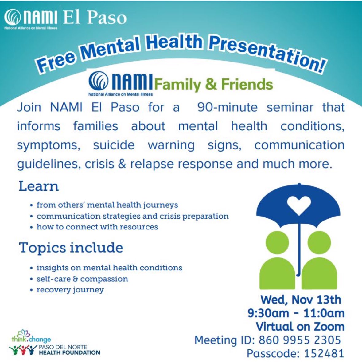 RAM parents please join us tomorrow, Nov 13th, for this informative session with NAMI. This is a virtual meeting through ZOOM. Meeting ID and passcode are on flyer!