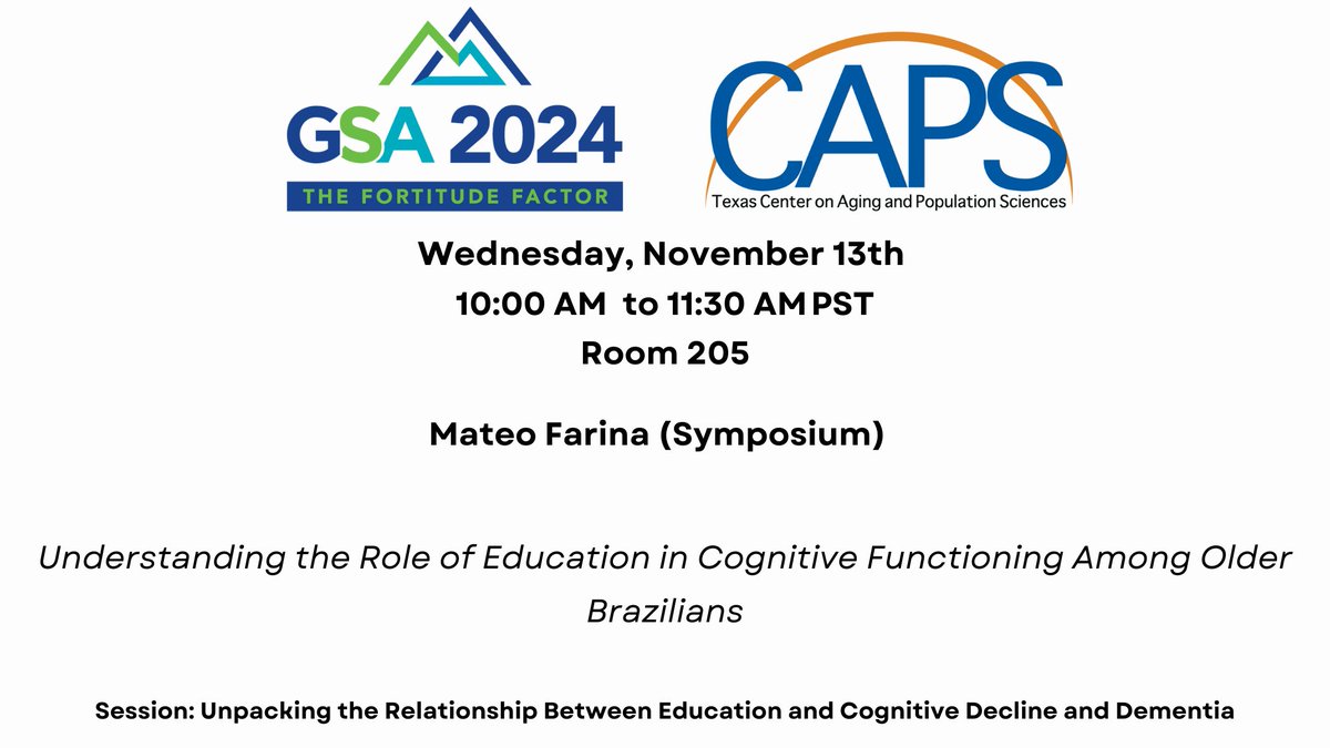 The Center for Aging and Population Sciences (@utxcaps) on Twitter photo ⭐️#GSA2024
CAPS faculty affiliate, Mateo Farina <a href="/mateofarina6/">Mateo Farina, PhD</a>
"Understanding the Role of Education in Cognitive Functioning Among Older Brazilian"
Wed, Nov 13th
10 AM to 11:30 AM PST
Room 205
cdmcd.co/Wy5P3D
<a href="/nia_demography/">Demography and Economics of Aging and Alzheimer’s</a> ⭐️#GSA2024
CAPS faculty affiliate, Mateo Farina <a href="/mateofarina6/">Mateo Farina, PhD</a>
"Understanding the Role of Education in Cognitive Functioning Among Older Brazilian"
Wed, Nov 13th
10 AM to 11:30 AM PST
Room 205
cdmcd.co/Wy5P3D
<a href="/nia_demography/">Demography and Economics of Aging and Alzheimer’s</a>