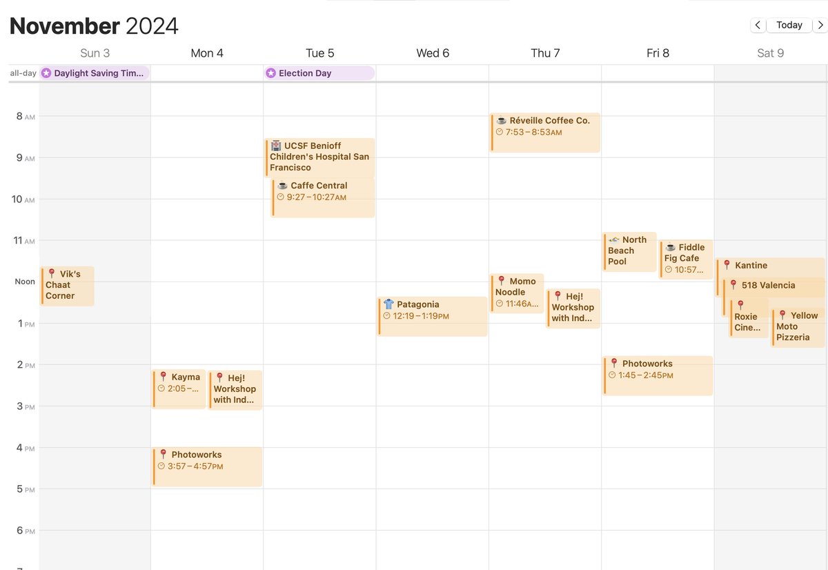 Put my <a href="/SwarmApp/">Swarm by Foursquare</a> checkins into a calendar.

For those of us with lousy memories, such a nice way to revisit a trip or remember that one restaurant.