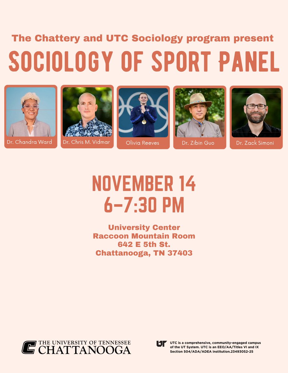 So looking forward to this discussion among my stellar colleagues and student at the intersection of sports and society brought to you by my home department at UTC, Sociology <a href="/GoMocs/">Chattanooga Mocs</a> &amp; <a href="/TheChattery/">The Chattery</a> 

@UTC_SCJS 
#chattanooga #sociology #sports