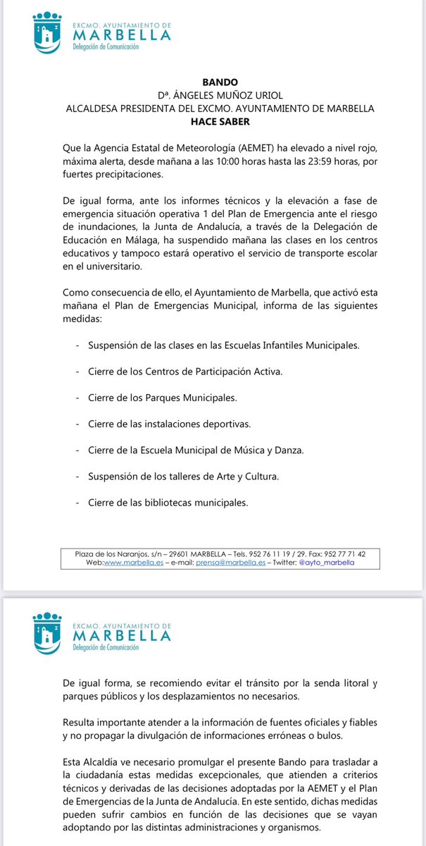 RTVMarbella's tweet image. El @Ayto_Marbella emite un bando tras la alerta roja. Anuncia la suspensión de las clases en las escuelas infantiles y los talleres de arte y cultura. Se cierran los centros de mayores, parques municipales, instalaciones deportivas y la Escuela Municipal de Música y Danza